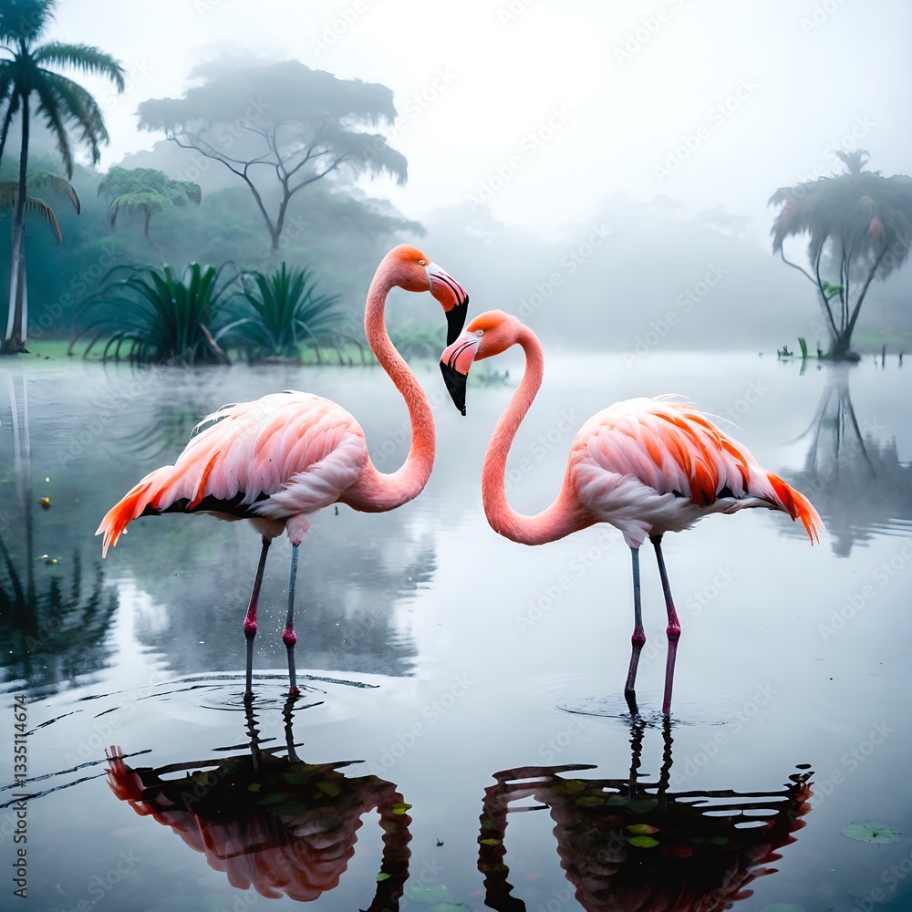 Pink birds flamingos. Wildlife animal scene from nature.