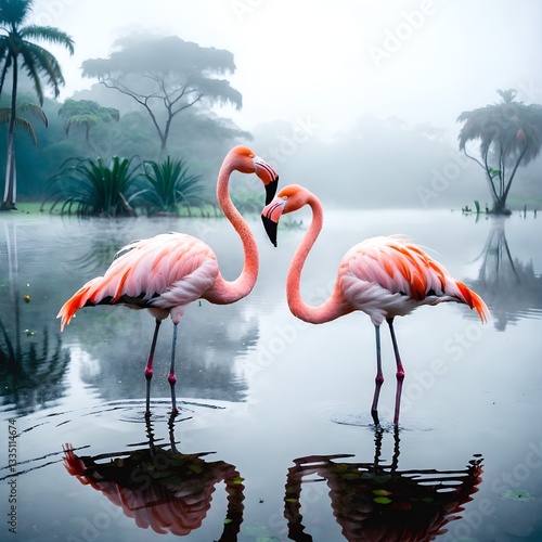 Obraz na płótnie Pink birds flamingos. Wildlife animal scene from nature. w salonie