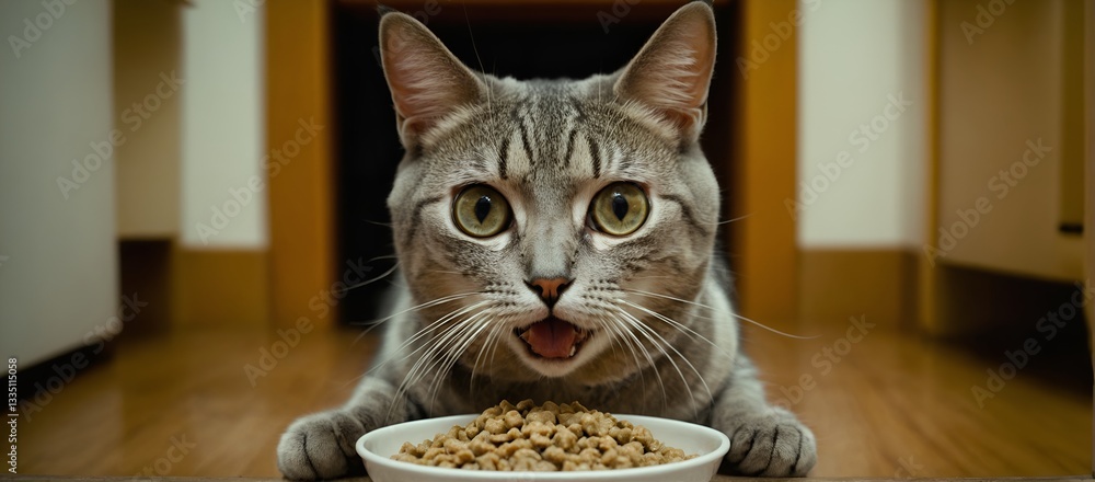 Cat eating from bowl on the floor.