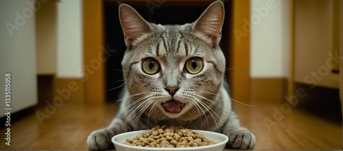 Obraz na płótnie Cat eating from bowl on the floor. w salonie