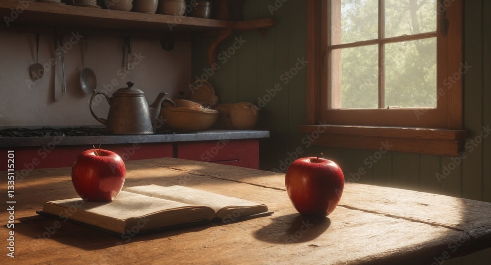 Cozy rustic kitchen interior with apple fruits on old wooden table.
