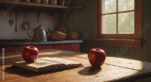 Cozy rustic kitchen interior with apple fruits on old wooden table.