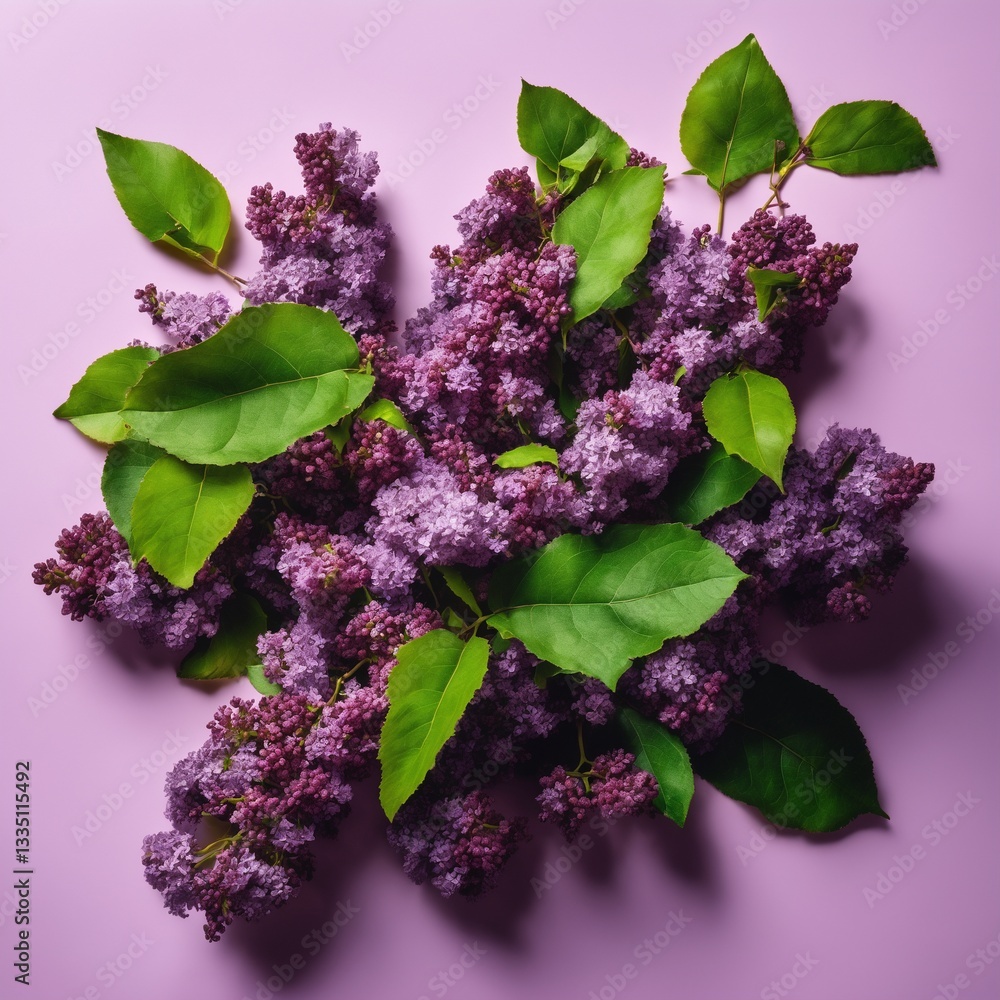 Lilac blossom purple flowers with green leaves on violet background.