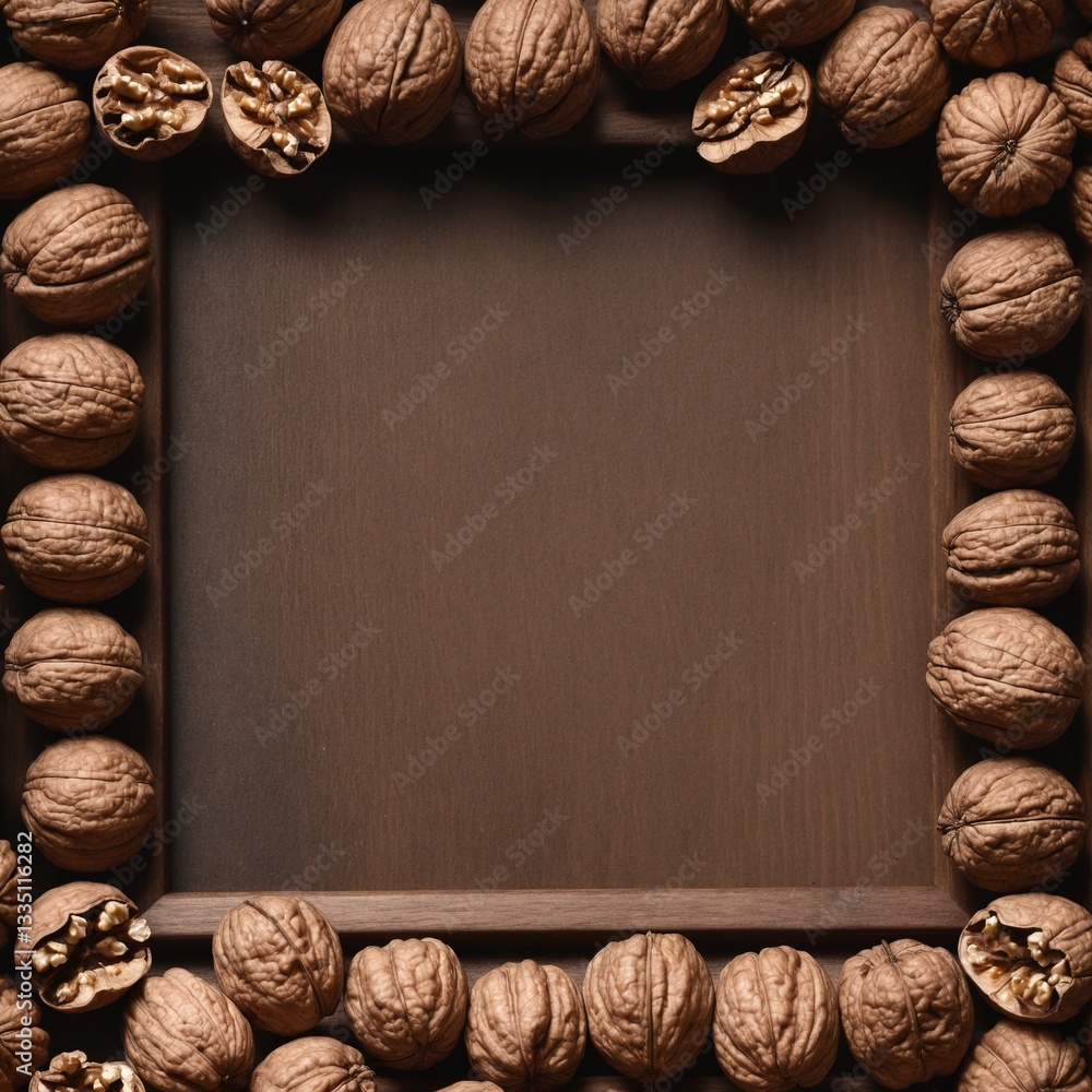 Walnuts frame with copy space. Top view, flat lay. Autumn harvest