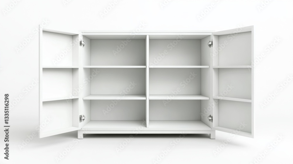 Open white cabinet with six empty shelves and hinged doors on a white background Open white cabinet with six empty shelves and hinged doors on a white background