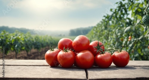 Fresh tomatoes on table, field in background. Harvesting vegetables