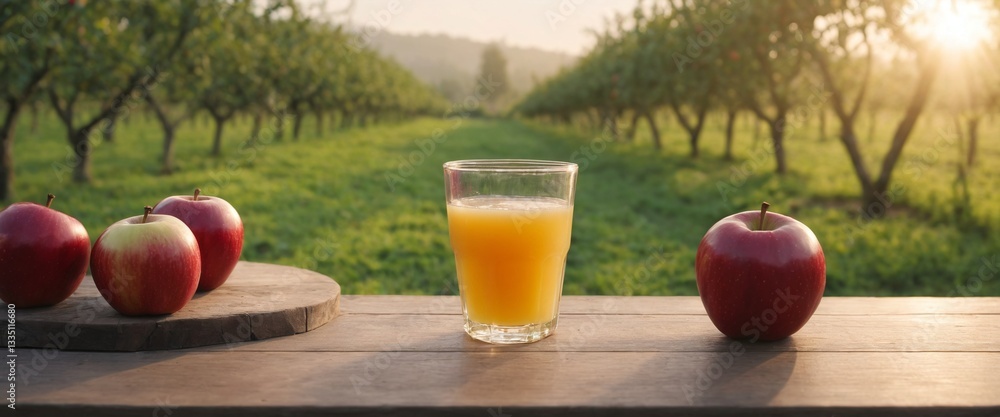 Fresh apples and apple juice on table, garden background. Harvest