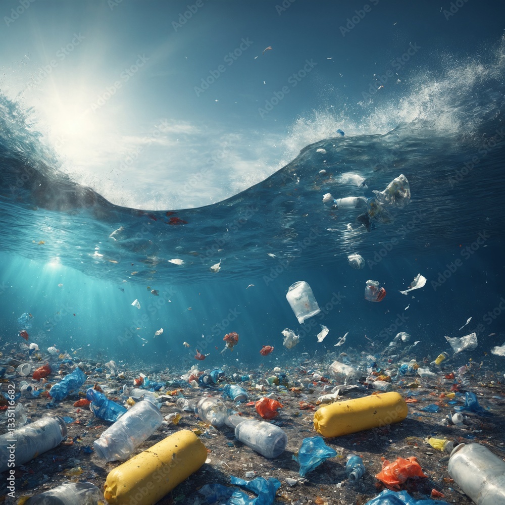ocean plastic bags under the sea. The problem of ocean pollution with garbage.