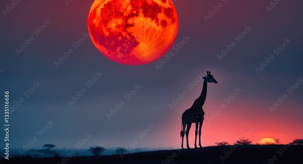Giraffe in african savannah at sunset