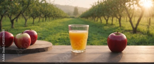 Obraz na płótnie Fresh apples and apple juice on table, garden background. Harvest w salonie