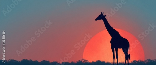 Giraffe in african savannah at sunset
