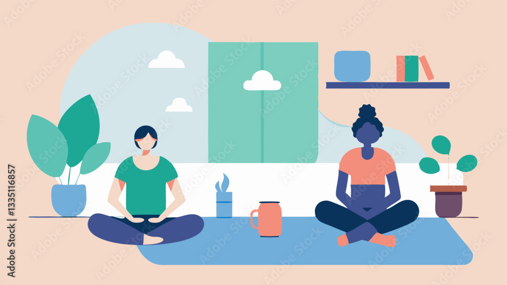 Mindfulness Break An of a tranquil break room with a yoga mat and plants where employees are practicing mindful breathing exercises together. Mindfulness Break An of a tranquil break room with a yoga mat and plants where employees are practicing mindful breathing exercises together.