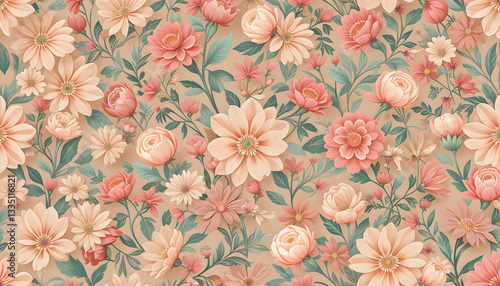 Seamless floral pattern with pink flowers and ornate leaves for vintage-style decoration