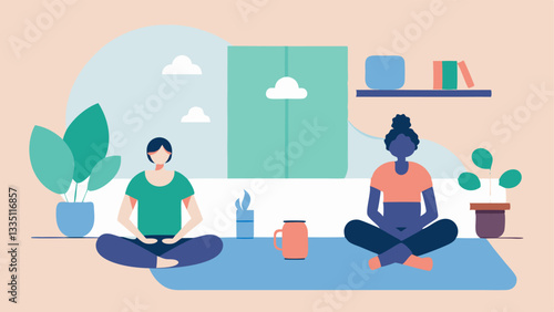 Mindfulness Break An of a tranquil break room with a yoga mat and plants where employees are practicing mindful breathing exercises together.