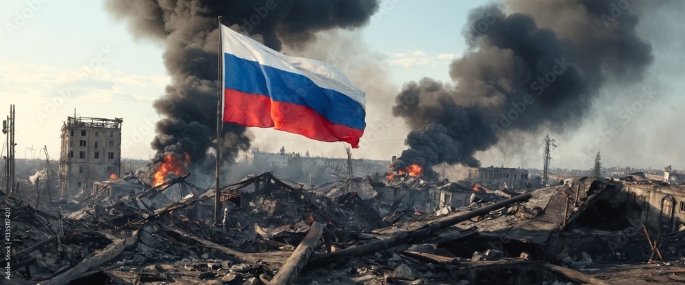 Russian flag flying proudly in the wind, smoke and destruction - aftermath of war