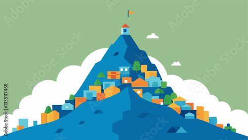 Plastic Mountain A mountain made of plastic waste towering over a small village visualizing the overwhelming amount of waste produced by affluent countries.