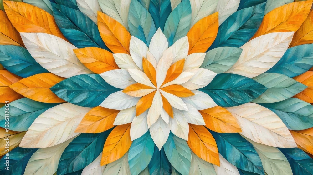 custom made wallpaper toronto digitalA vibrant floral pattern composed of overlapping leaves in various shades of orange, white, and teal.