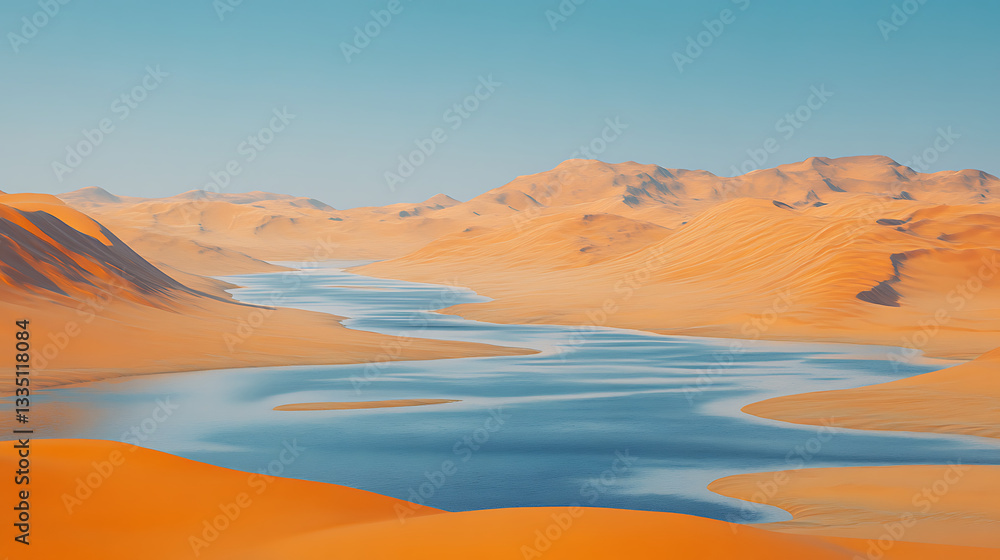 Naklejka premium A panoramic view of an endless desert, with a single shimmering river snaking through the dunes. The contrast between the rich blue water and the golden sands creates a surreal, dreamlike quality.