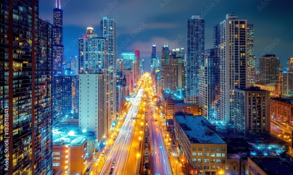 Obraz premium A night-time cityscape with glowing lights, skyscrapers, and bustling streets, symbolizing urban energy and excitement