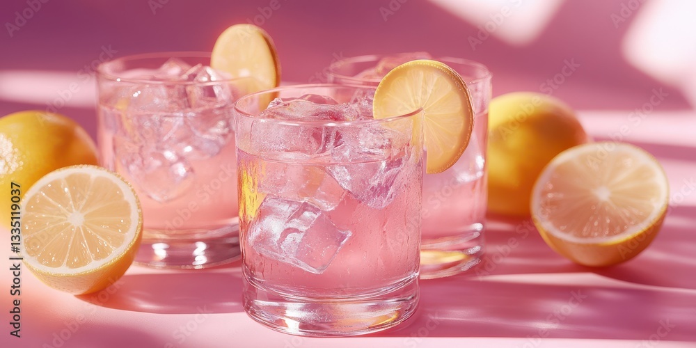 Refreshing pink lemonade served in glasses with ice and lemon slices on a pink background during a sunny afternoon gathering Refreshing pink lemonade served in glasses with ice and lemon slices on a pink background during a sunny afternoon gathering