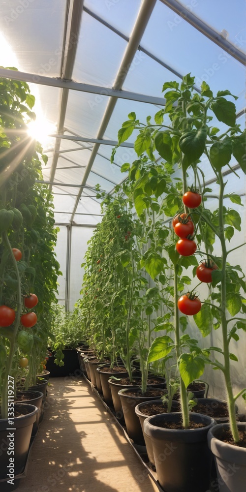 Tomato plants in greenhouse with sunlight filtering through leaves