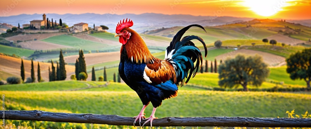 Colorful rooster bird against Italy landscape.