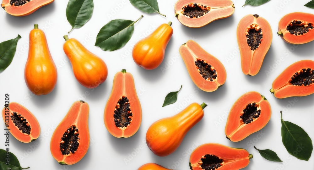 Cut papaya on white. Healthy fruit. Top view