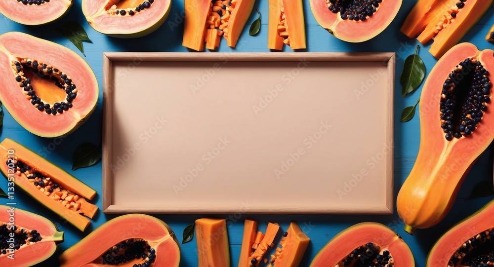 Cut papaya on wooden table. Healthy fruit. Top view copy space