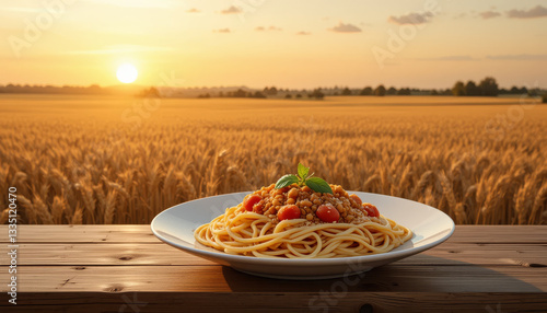plate of spaghetti with tomato sauce and basil sits on wooden table against backdrop of golden wheat field at sunset, creating warm and inviting scene