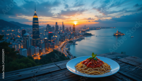 plate of spaghetti with tomato sauce and basil is set against stunning cityscape at sunset, featuring coastline and skyscrapers. vibrant colors of sky enhance scene beauty