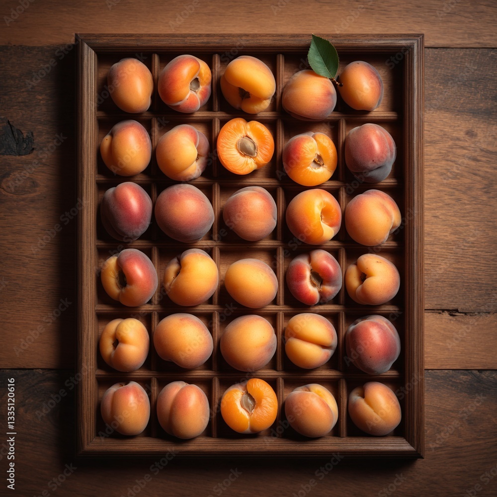 Apricot fruits on wooden rustic table. Top view flat lay