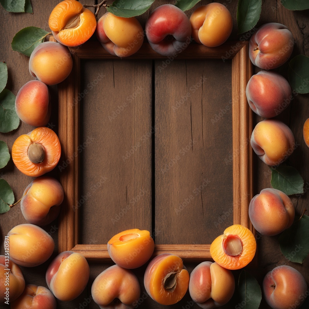 Apricot fruits on wooden table, frame with copy space. Top view flat lay