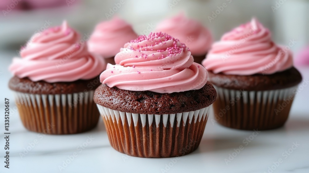 Four delicious chocolate cupcakes topped with pink frosting and sprinkles Four delicious chocolate cupcakes topped with pink frosting and sprinkles