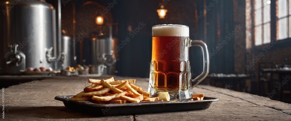 Cold beer in glass and snacks food on counter desk wooden old table. Generated AI