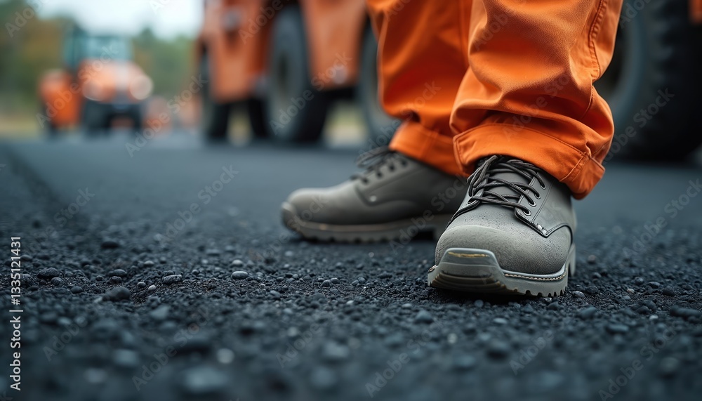Close-up of rough fresh asphalt texture, worker legs in orange safety pants, wearing boots. Roadwork site. Industry, repair, maintenance in urban development. Visibility, safety-gear, engineering, Close-up of rough fresh asphalt texture, worker legs in orange safety pants, wearing boots. Roadwork site. Industry, repair, maintenance in urban development. Visibility, safety-gear, engineering,