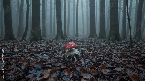 Misty forest with skull and red mushroom, atmospheric scene. Mystery and nature concept