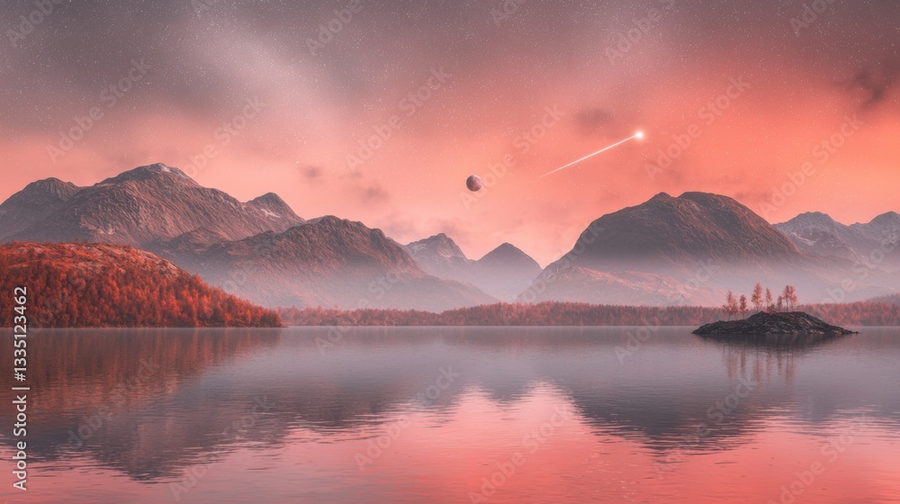 Fototapeta premium A serene landscape with a lake, mountains, and a shooting star.