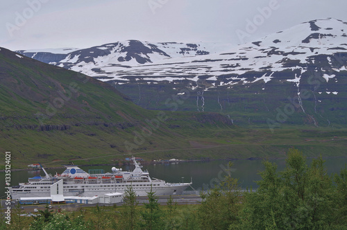 Obraz na płótnie Classic expedition cruiseship cruise ship liner Delphin docked at pier in Seydisfjördur, Iceland with harbor skyline and fjord landscape in background on during Arctic Circle summer cruising w salonie