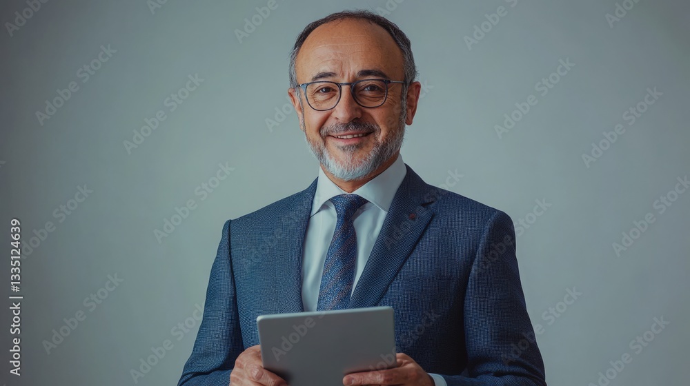 Attractive man holding a tablet, dressed in a suit and glasses, looking into camera.
Attractive man holding a tablet, dressed in a suit and glasses, looking into camera.