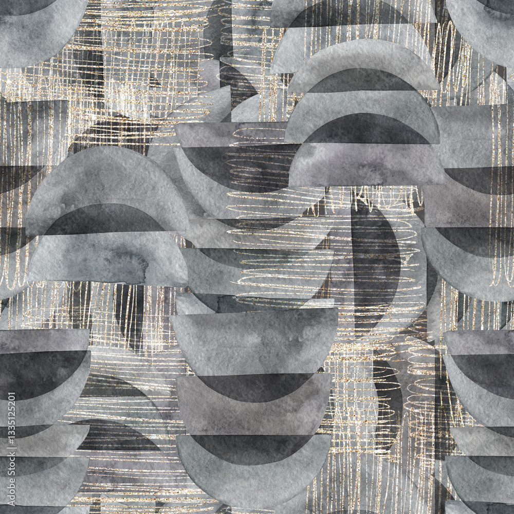 Fototapeta Abstract  print with golden and geometric elements on grey background. Watercolor seamless pattern. Hand drawn  illustration. Mixed media art