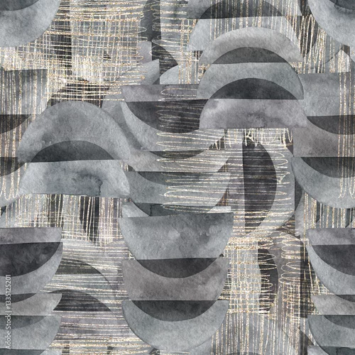 Obraz Abstract  print with golden and geometric elements on grey background. Watercolor seamless pattern. Hand drawn  illustration. Mixed media art