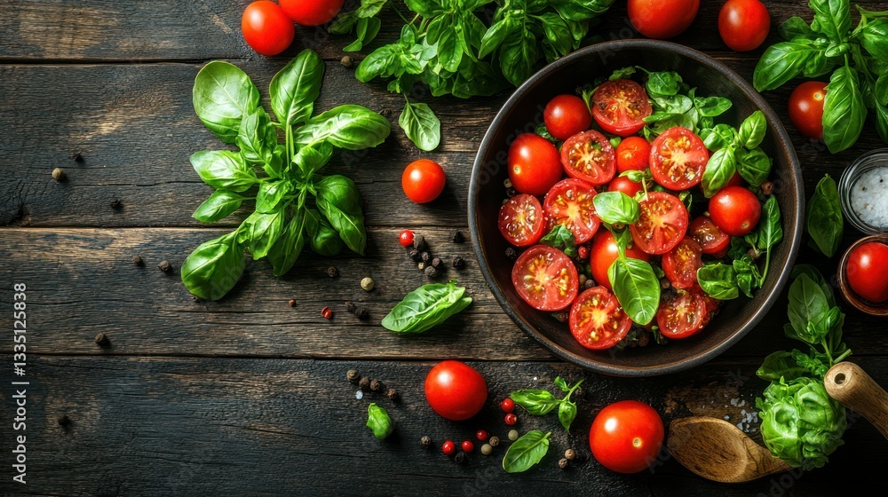 Fresh tomato and basil salad ingredients Fresh tomato and basil salad ingredients