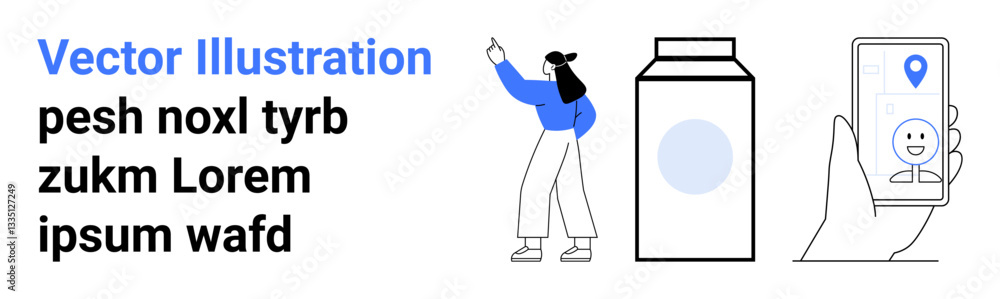 Female character pointing, milk packaging, smartphone with location pin and emotion. Ideal for delivery, navigation, marketing, ecommerce, health, lifestyle simple landing page Female character pointing, milk packaging, smartphone with location pin and emotion. Ideal for delivery, navigation, marketing, ecommerce, health, lifestyle simple landing page