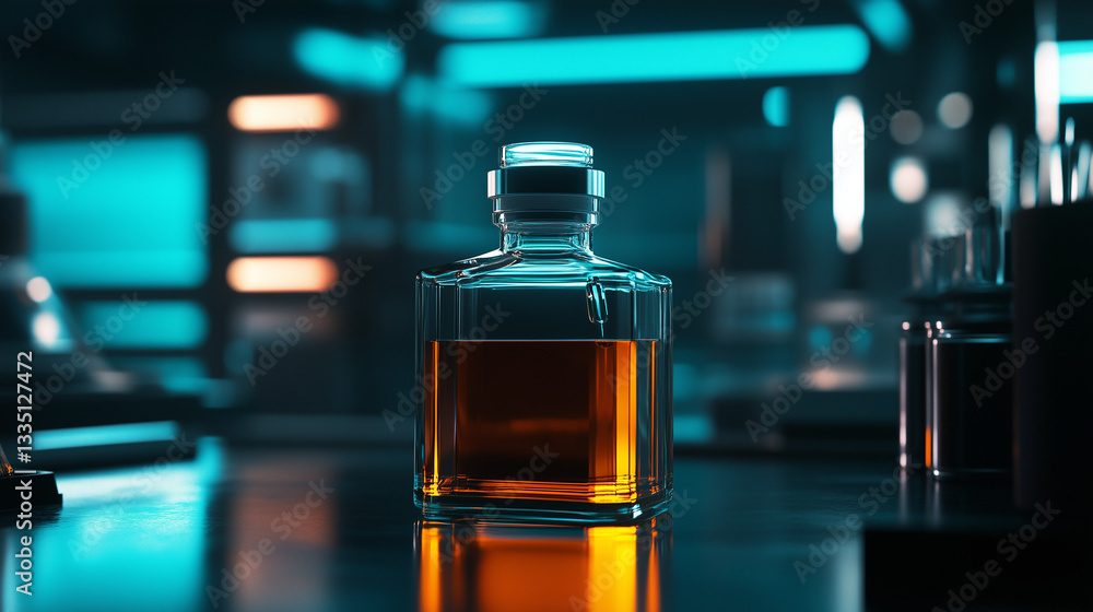 Glass bottle filled with glowing liquid in a modern laboratory Glass bottle filled with glowing liquid in a modern laboratory