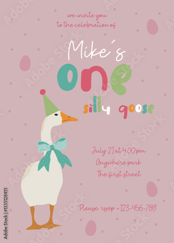 Cute playful birthday kids invitation card wih goose  in ribbon bow. Funny character flat illustration. Vector baby invite design.
