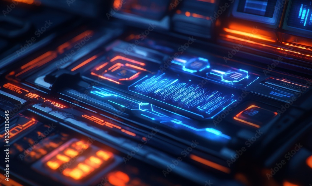 Fototapeta premium Futuristic digital control panel with glowing blue and orange lights.