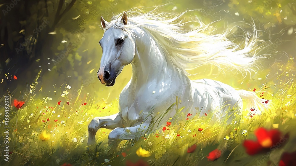 A majestic white horse gallops through a sunlit meadow filled with colorful wildflowers. A majestic white horse gallops through a sunlit meadow filled with colorful wildflowers.