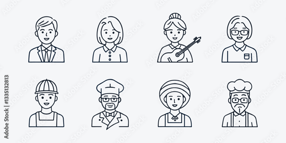 Modern profession avatars, business, education, music, chef, construction worker, line icons silhouette vector style with white background Art & Illustration