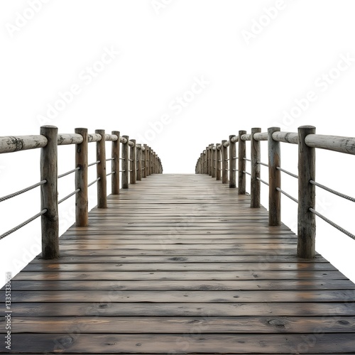 Wooden pier with weathered planks and metal cable railing  isolated on white background with realistic rendering