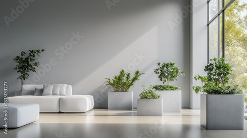 A bright living room with light gray walls and minimalist white furniture